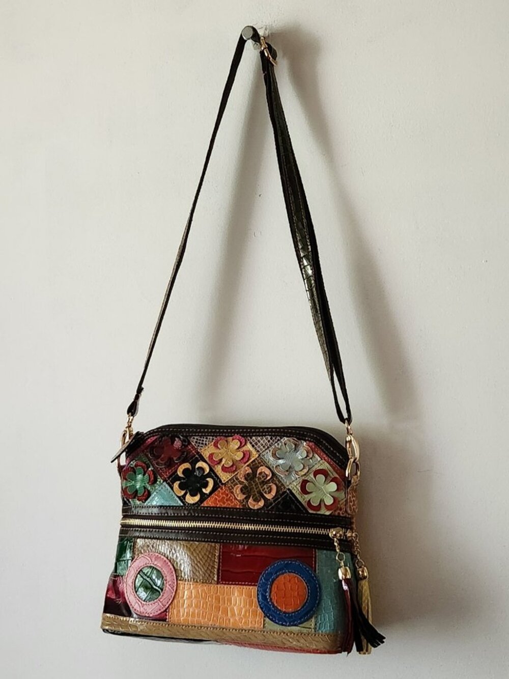 Colorful patchwork crossbody bag faux leather VGUC